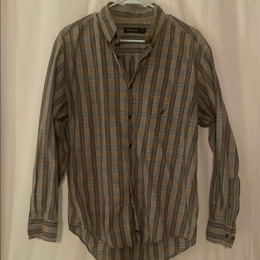 Nautica Blue and Beige Casual Button Down Shirt